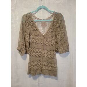 Miss Bella D Lace Mocha Mousse 1X VNeck Blouse Boho Coachella‎ Western Prairie